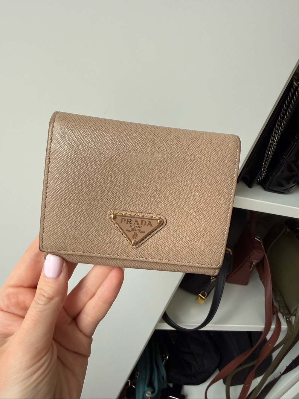 Prada Small Saffiano Wallet in Taupe Beige with Gold Logo